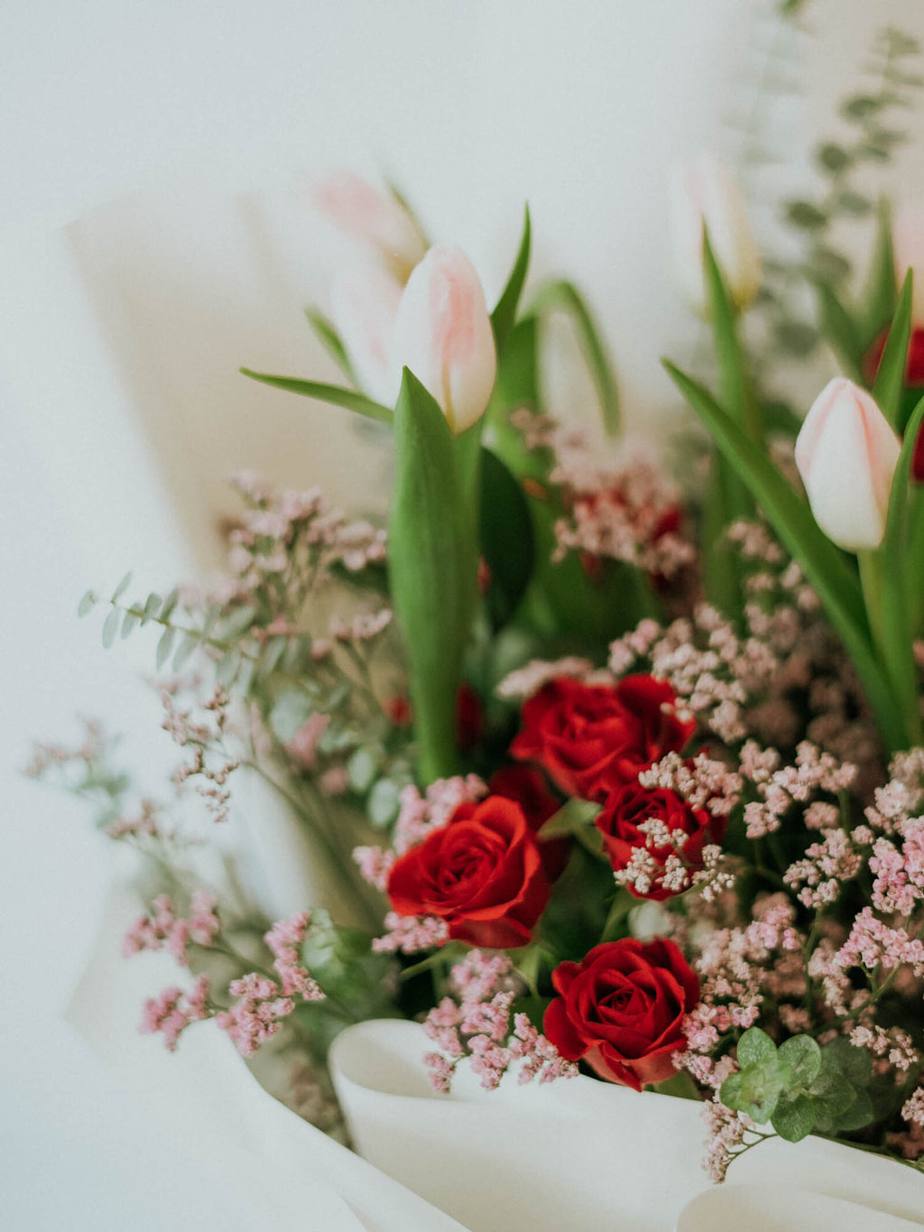 Pink Tulip Harmony Bouquet with red spay roses