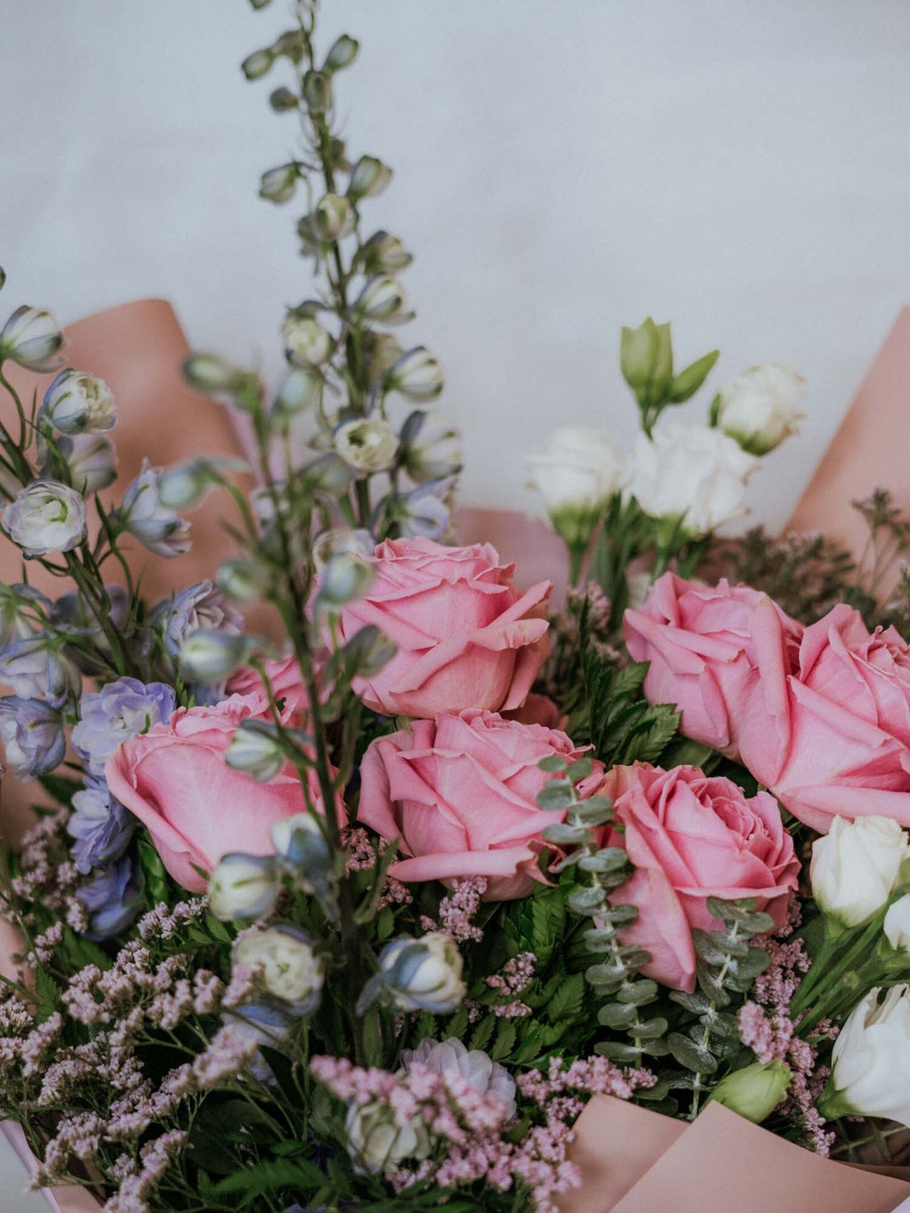 Delphinium Dreams bouquet in a nice wrapping