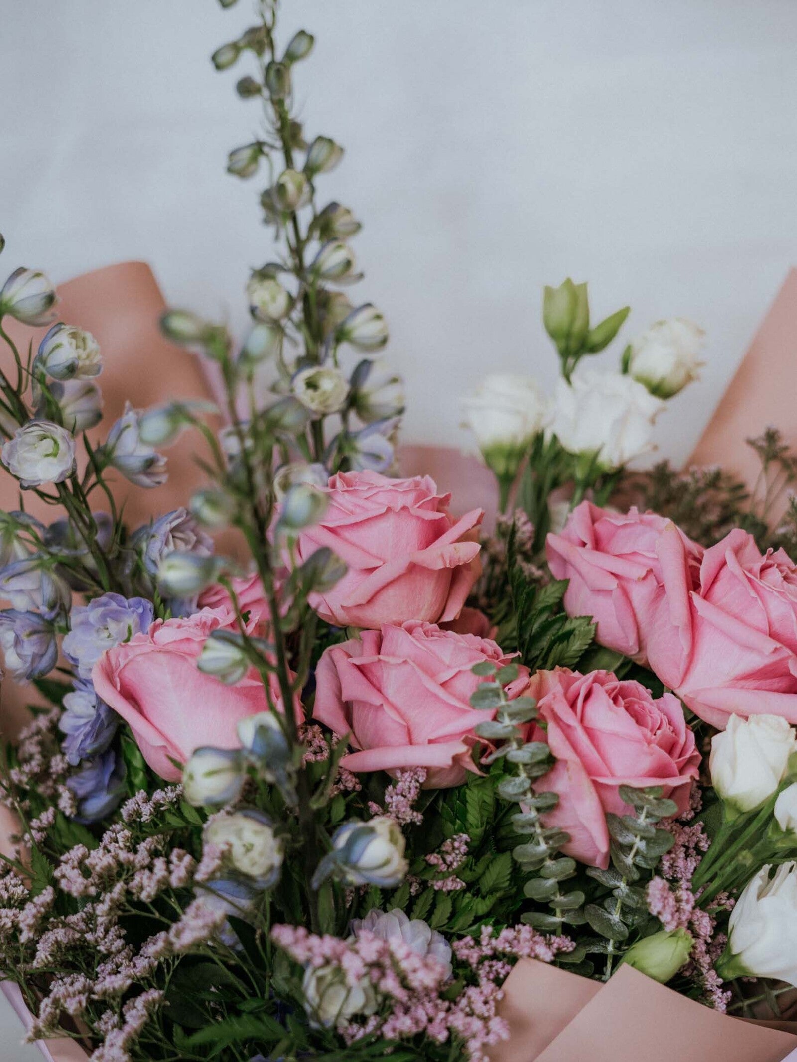 Delphinium Dreams bouquet in a nice wrapping