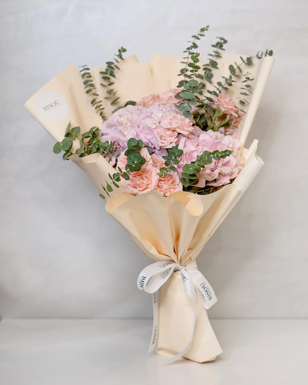 colorful spray roses and hydrangea bouquet