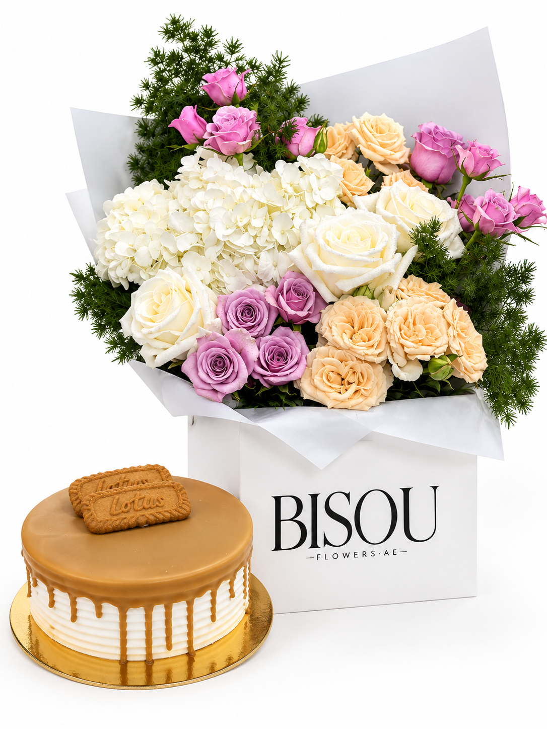 Luxury Bisou Flowers and Caramel Cake