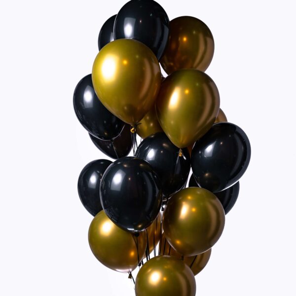 10 gold and black helium balloons